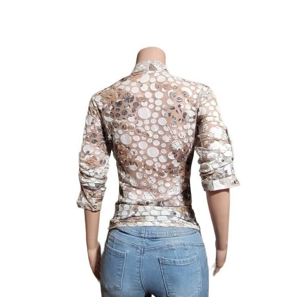 Pulp button down tie front abstract 3/4 sleeve mandarin collar top S - Picture 3 of 5